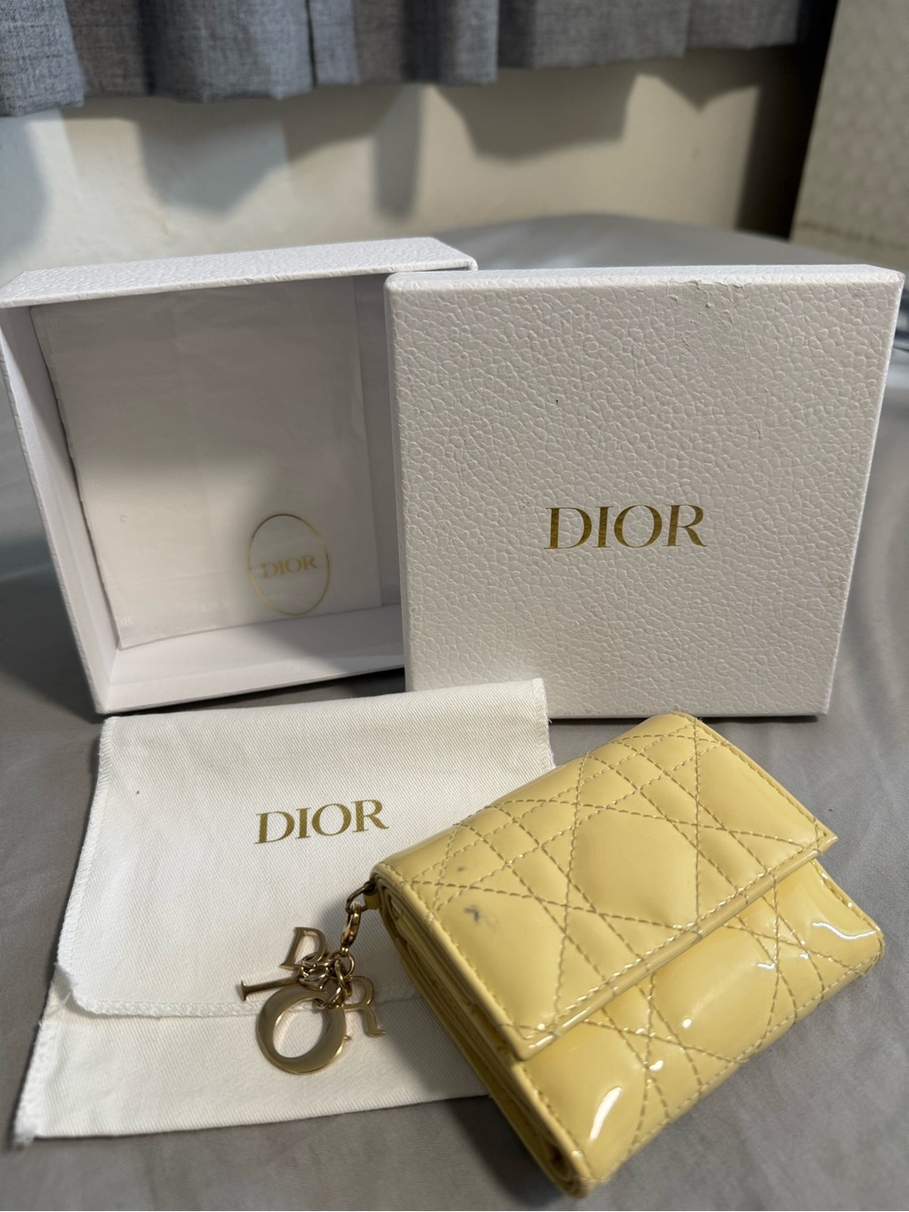 Dior Patent Quilted Mini wallet with Gold DIOR Charm comes with dust bag&box